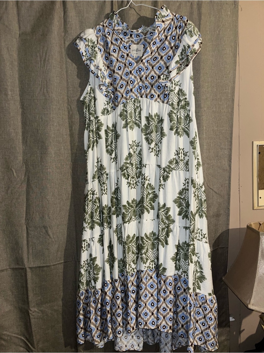 Umgee White Dress with Olive Floral and Blue Geometric Trim